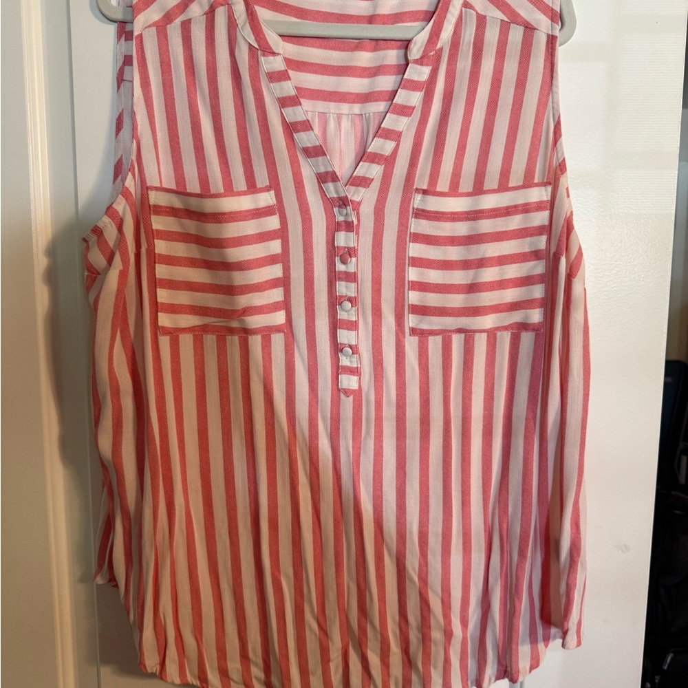 Torrid Pink and White Sleeveless Blouse with Mandarin Collar